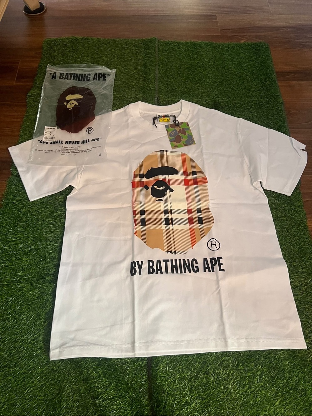 White T-Shirt with Plaid Ape Logo